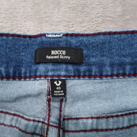 True Religion Jeans Mens 40x34 Blue Rocco Relaxed Skinny Whiskered Stretch - Picture 15 of 16